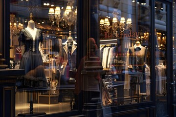 Chic Boutique Storefront with Elegant Mannequins and Black Friday Sale Signs for Luxurious Shopping