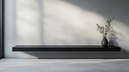A large black shelf with sleek, modern lines, floating against a soft grey wall in a clean, minimalist room