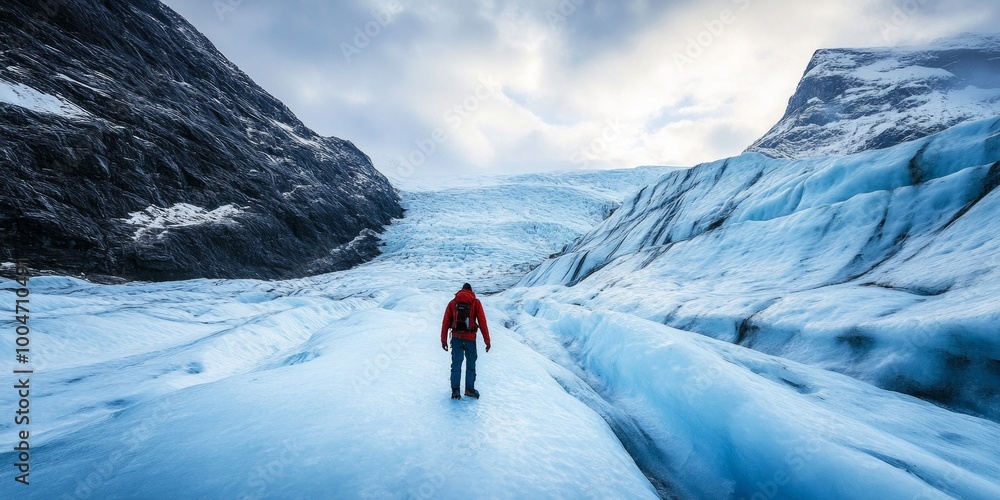 Wall mural a lone figure explores the stunning blue glacier landscape. this image captures the beauty of nature