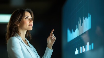 Businesswoman analyzing data on a modern touchscreen interface.