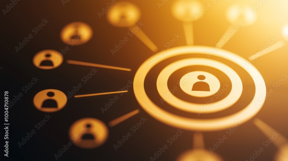 Poster circular network of people icons connected by lines in a glowing background.