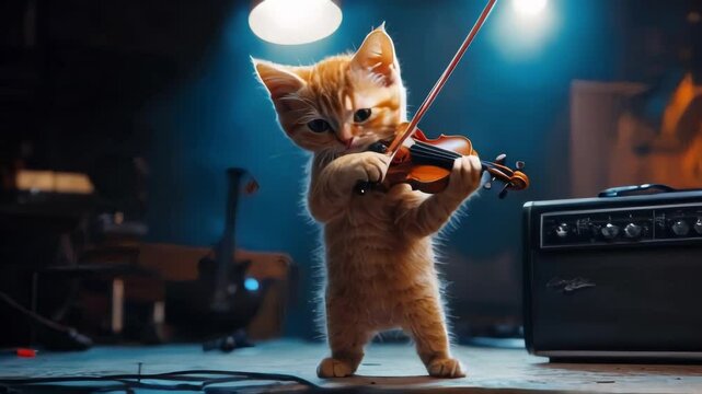 Adorable kitten playing violin in a workshop with a guitar amplifier. Perfect for music, animal, and childhood themes.. AI Generation