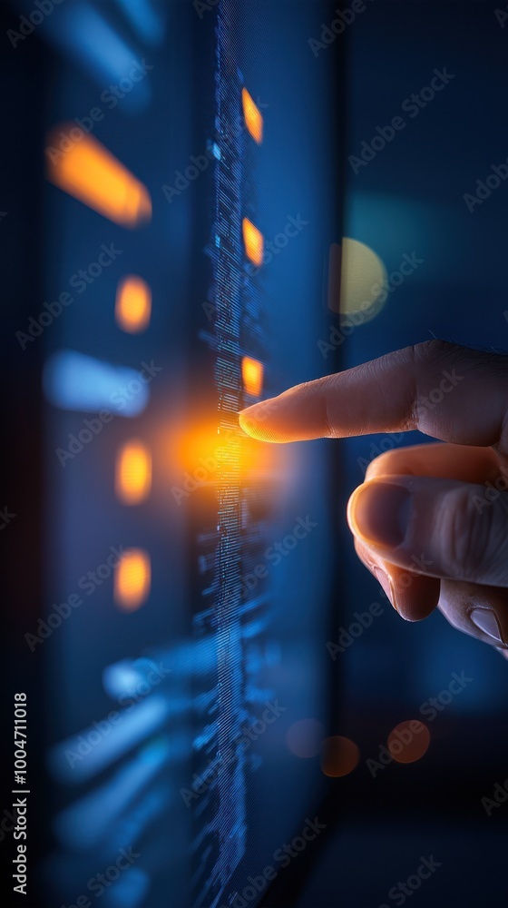 Aufkleber close-up of a hand interacting with a digital interface in a dark environment.