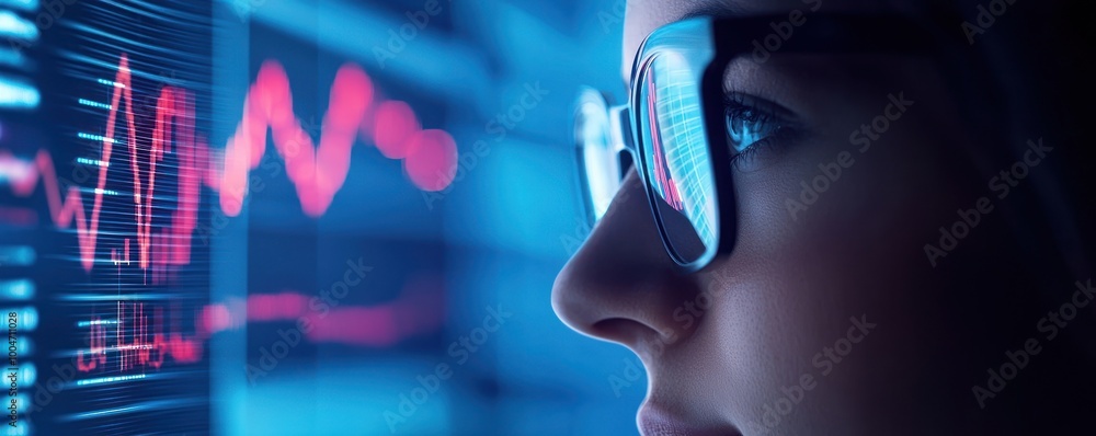 Aufkleber close-up of a person analyzing data on a digital screen with glasses.
