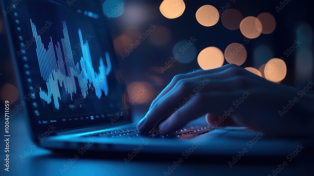 Aufkleber close-up of hand typing on laptop with data graph and blurred lights background.