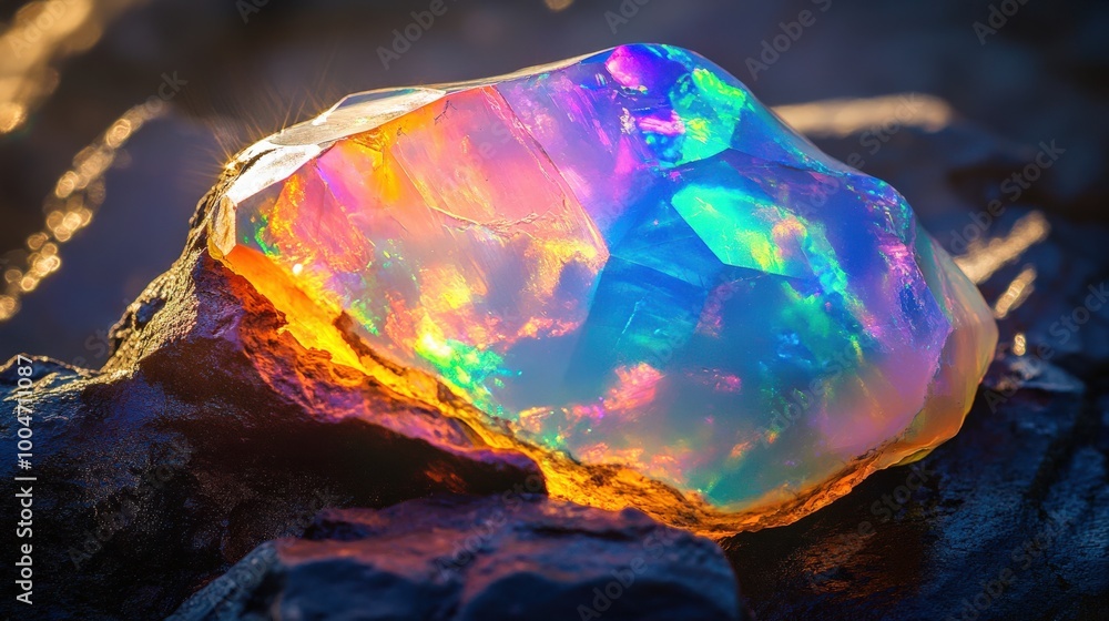 Poster the polished opal gemstone displays an array of vibrant colors and captivating patterns, illuminated