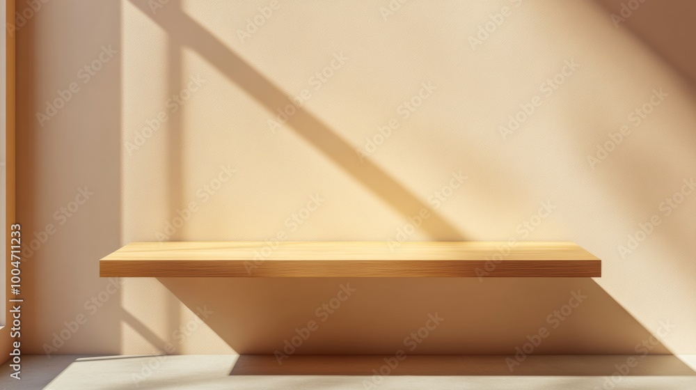 Poster a minimalist wooden shelf standing in a clean, modern retail space with soft shadows and no objects 