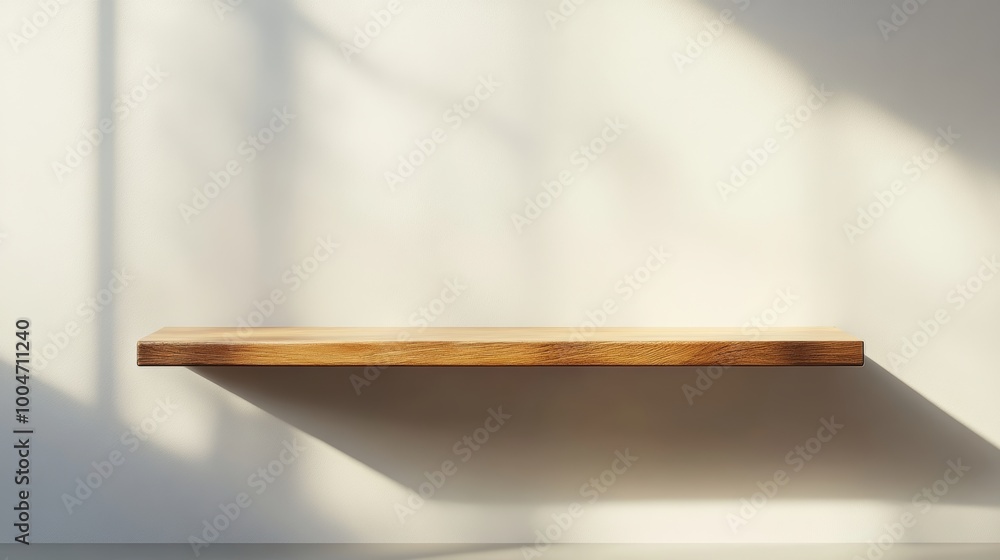 Poster a minimalist wooden shelf standing in a clean, modern retail space with soft shadows and no objects 