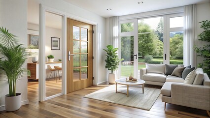 Obraz premium Modern wooden entrance door with white frame and glass panels opens to a bright and airy living room with minimalist decor and natural light.