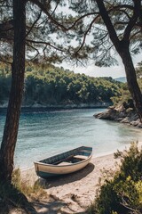 Fototapeta premium An empty rowboat sits peacefully on a beach, framed by trees and clear turquoise waters.