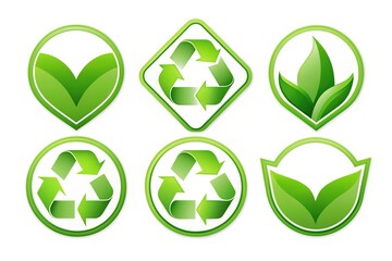 Obraz premium Stylish green recycling signs featuring curved arrows, heart, and leaf symbols, conveying eco-friendliness and sustainability, with rounded angles and vibrant vector illustration.