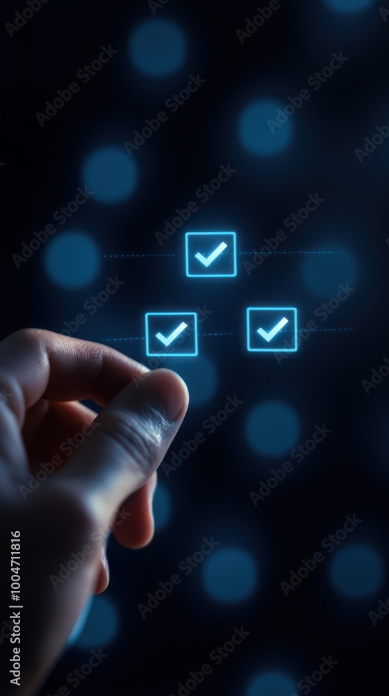 Aufkleber hand selecting digital checkboxes on a glowing interface background.