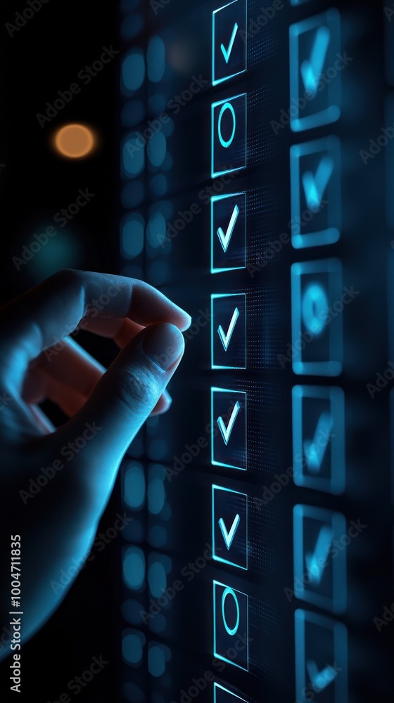 Aufkleber hand interacting with glowing checkboxes on digital interface