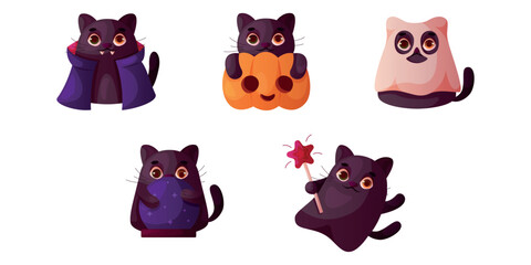 Set of cute black cats in halloween costumes. Cat in pumpkin, in vampire costume, creepy ghost , witch with magic ball and star. Holidays cartoon kids character. Scary autumn animal monsters in pose