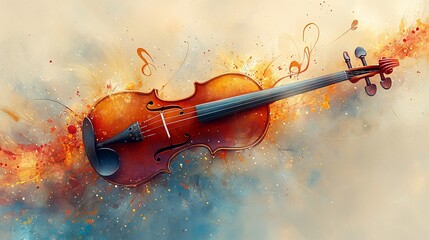 Fototapeta premium A violin with colorful abstract splashes and musical notes around it.