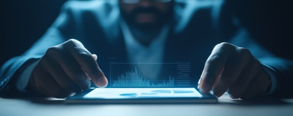 Professional analyzing data on digital tablet with graphs in dark environment.