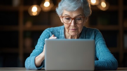 Fototapeta premium Senior woman using laptop at home, focused and engaged in online activity.