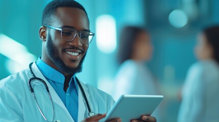 Smiling doctor using tablet in modern healthcare environment.