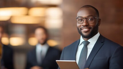 Fototapeta premium Smiling businessman in a suit holding a tablet in an office setting, professional atmosphere.