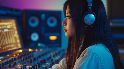 happy asian woman working at radio station, female dj, djane, influencer, broadcasting station, audio mixer, sound engineer, radio host, 16:9