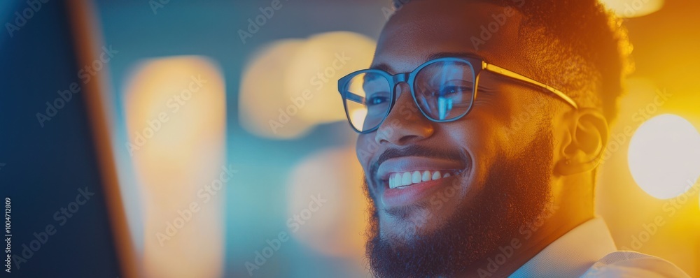 Poster smiling person wearing glasses, working on computer in a colorful environment.