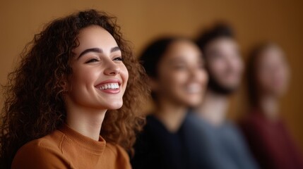 Obraz premium Smiling woman in a group setting, showing joy and positivity.
