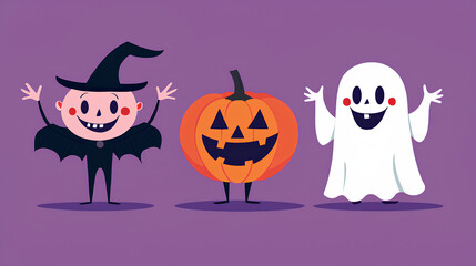 Three cartoon characters are standing in front of a pumpkin and a ghost