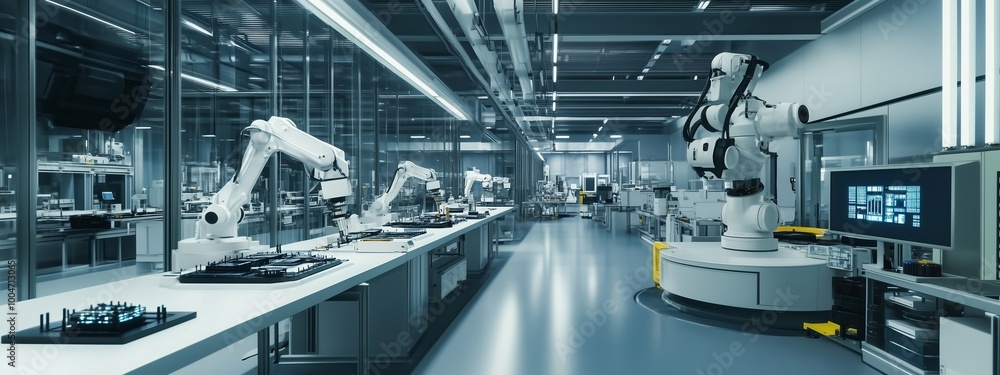 Poster advanced robotics laboratory showcasing automated assembly lines and precision machinery in a modern