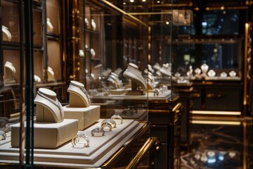 Luxury Jewelry Boutique Display with Elegant Diamond Rings and Necklaces for Black Friday