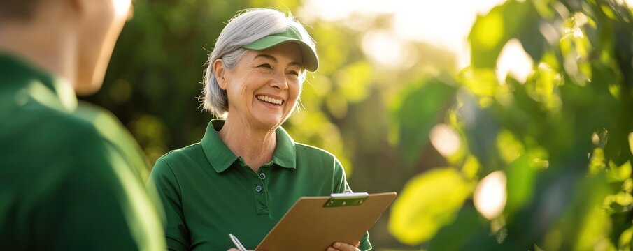 Smiling woman with clipboard in outdoor green environment, joyful and engaged.