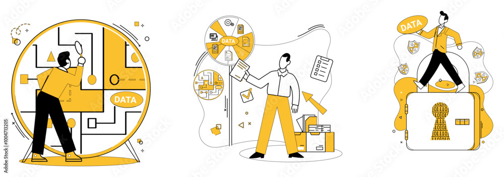 Poster work with data vector illustration. finance and economy find harmony in symphony conducted by data a