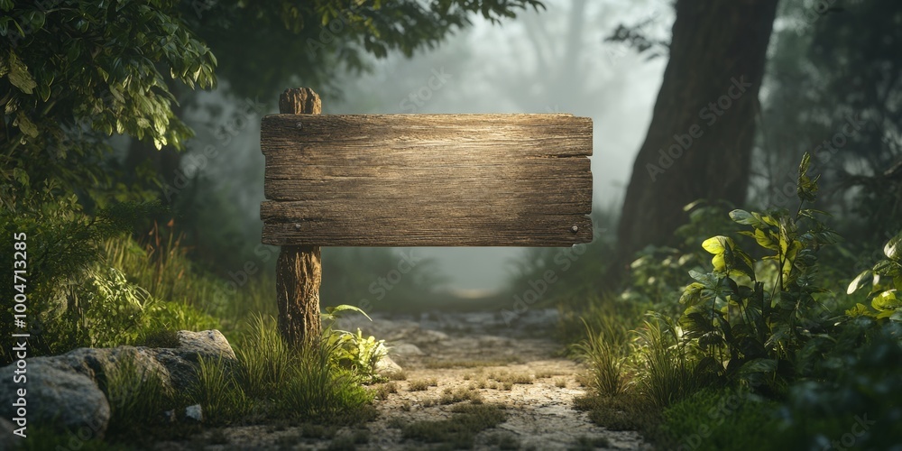 Poster a rustic 3d signboard with a curved top and blank surface, placed in a natural setting with soft lig