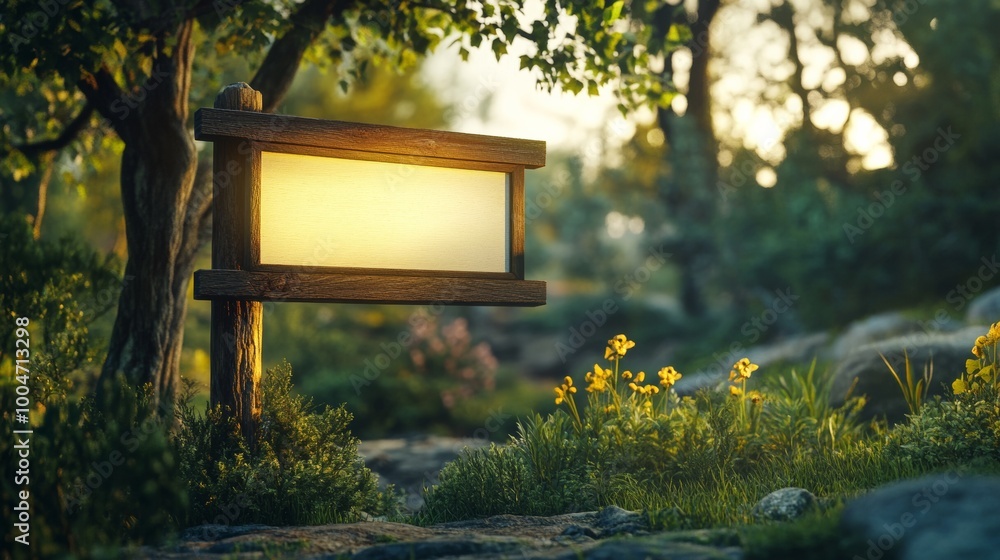 Poster a rustic 3d signboard with a curved top and blank surface, placed in a natural setting with soft lig