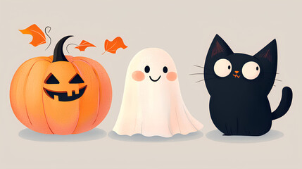 Obraz premium Three Halloween themed cartoon characters sit in front of a pumpkin and a ghost