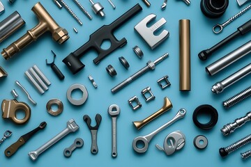 Fototapeta premium Assortment of industrial tools and hardware on blue background