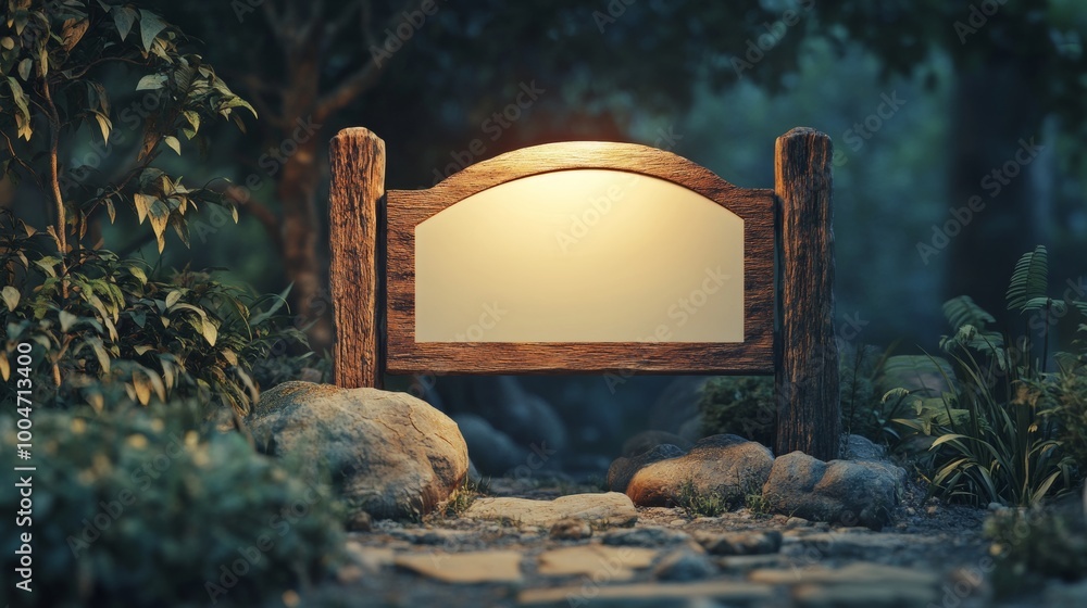 Aufkleber a rustic 3d signboard with a curved top and blank surface, placed in a natural setting with soft lig
