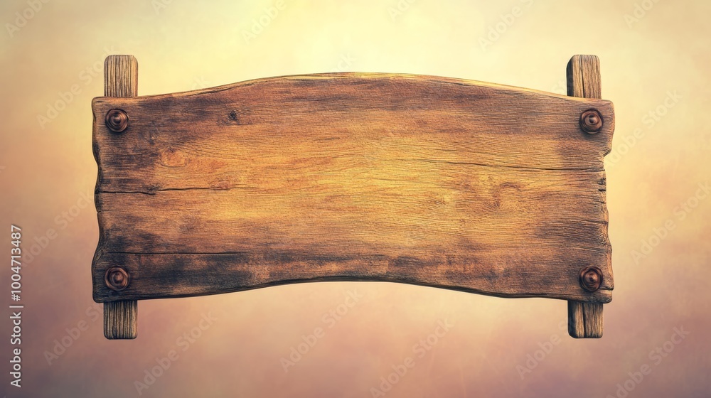Poster a rustic 3d timber sign with a curved top, featuring a blank space for text, surrounded by a soft gr