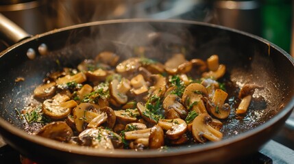 Cooking mushrooms in a sizzling pan with herbs. Delicious fried mushrooms in frying pan
