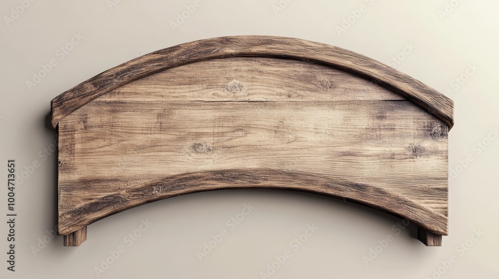 Poster a rustic 3d timber sign with a curved top, featuring a blank space for text, surrounded by a soft gr