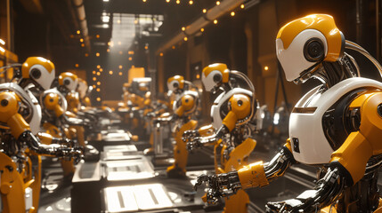  A factory floor with synchronized robotic arms working in unison. 