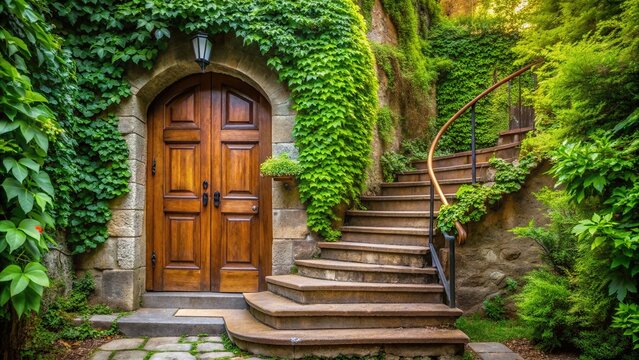 A serpentine staircase with five steps leading up to a wooden door, surrounded by lush greenery and vines, creating a peaceful atmosphere.