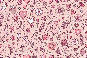 Whimsical hand-drawn doodles of hearts, flowers, and love symbols on a soft pink background, perfect for Valentine's Day fabric, wrapping paper, and wedding decoration designs.