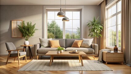 Cozy minimalist living room with beige walls, sleek wooden coffee table, and comfortable gray sofa against a large window with natural light.