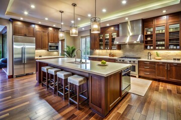 Spacious kitchen with rich wood tones features a large wooden island, wine cooler, and modern appliances, exuding warmth and sophistication under soft overhead lighting.