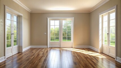 Spacious empty room with bright white door, two large windows allowing natural light, and neutral walls, creating a sense of calm and serenity.