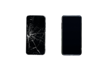 Modern touch screen smartphone with broken screen and new phone, top view. Isolated PNG image