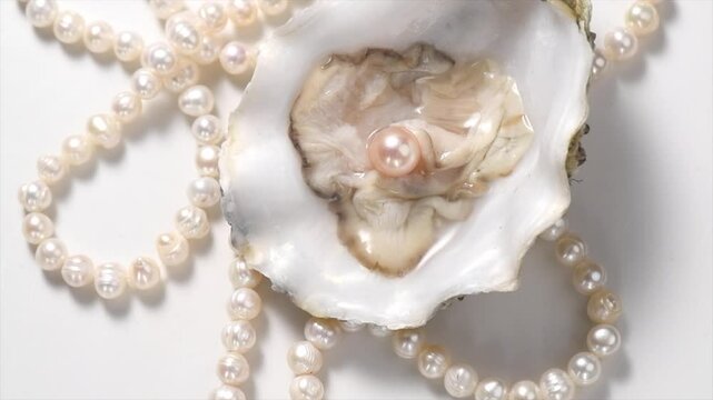 Pearls, One Natural pearl inside the oyster shell, close up, on white background. Nacre. Pearl necklace. Mother-of-pearl. Jewellery. Wealth concept. Rotating background, top view. 