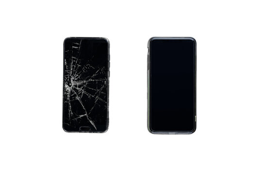 Modern touch screen smartphone with broken screen and new phone, top view. Isolated PNG image