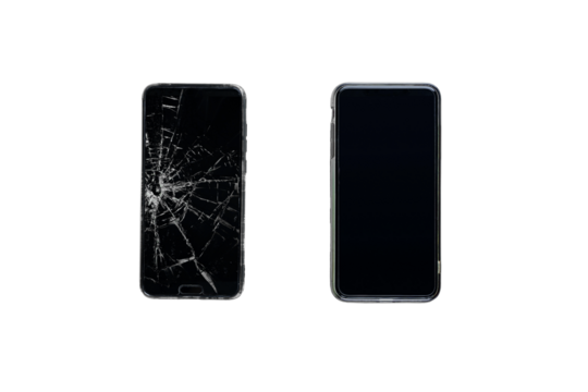 Modern touch screen smartphone with broken screen and new phone, top view. Isolated PNG image