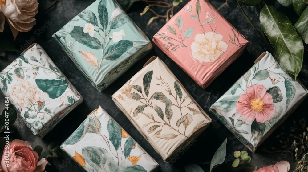 Aufkleber six square boxes with various floral designs are arranged on a dark, textured surface. each box feat